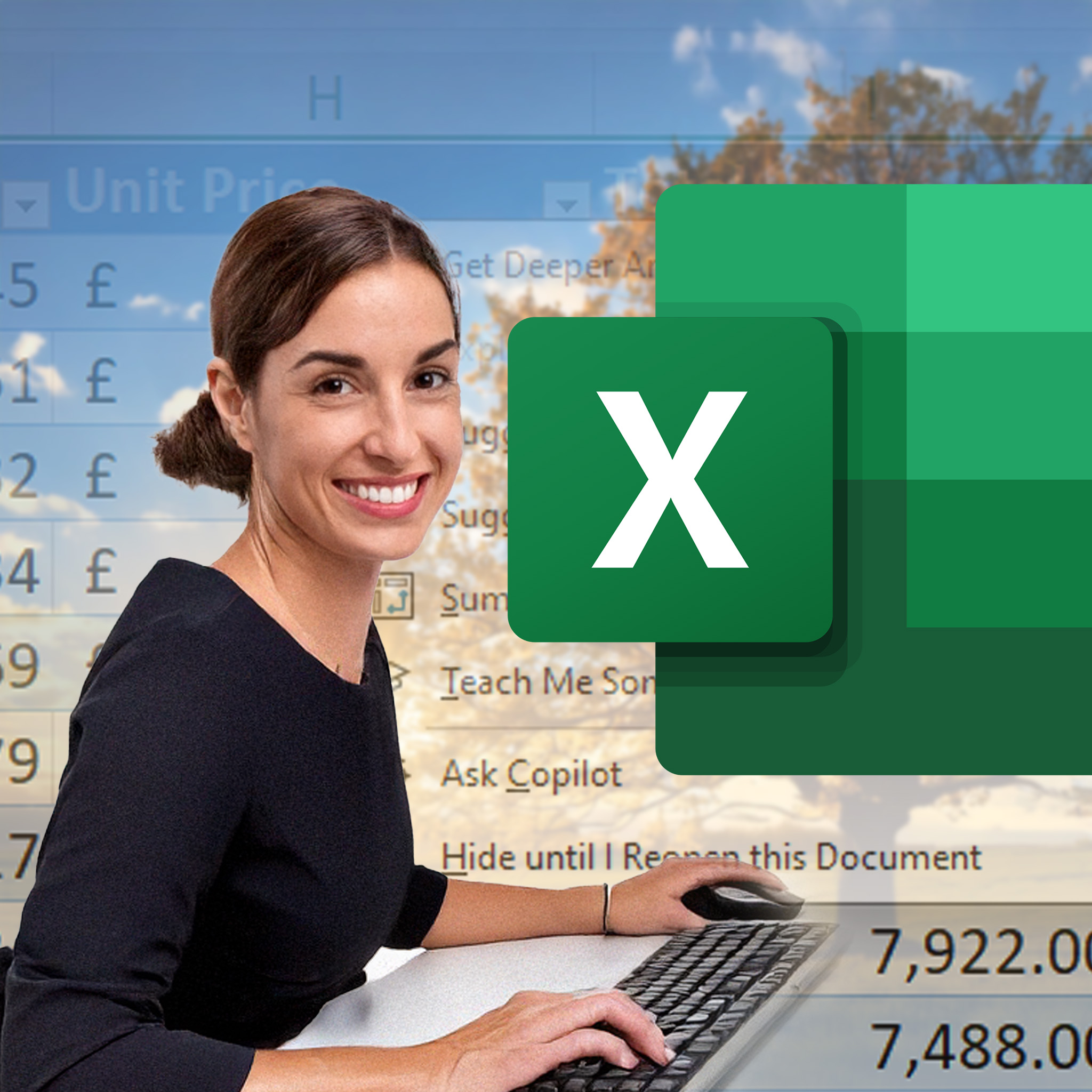 Montage of Excel with a lady sitting on a desk in front of her computer, there's the Excel logo and an Excel spreadsheet with copilot helping.